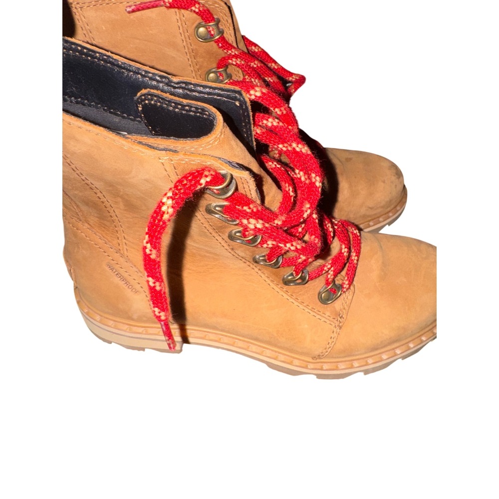 Sorel Lennox Lace Waterproof Tan Leather Boots Red Laces Womens 8